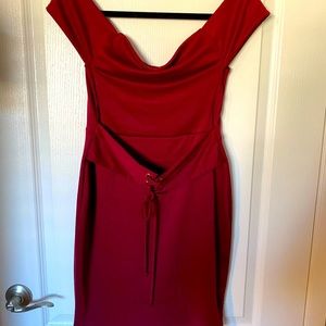 Maroon off the shoulder dress.